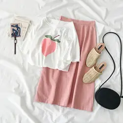 2019 персиковый милый летний комплект с юбкой, женский костюм из двух предметов, Корейская футболка с короткими рукавами, юбка с высокой