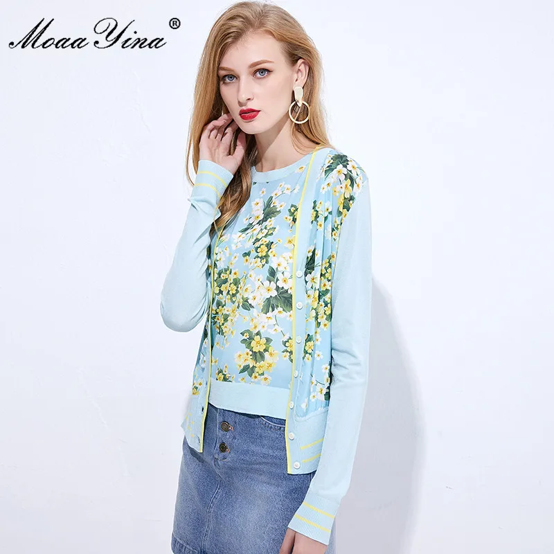 MoaaYina Spring Autumn V-neck Long sleeve Cardigans Knitting Tops Women's Elegant Floral-Print Silk Sweater Thin Coat