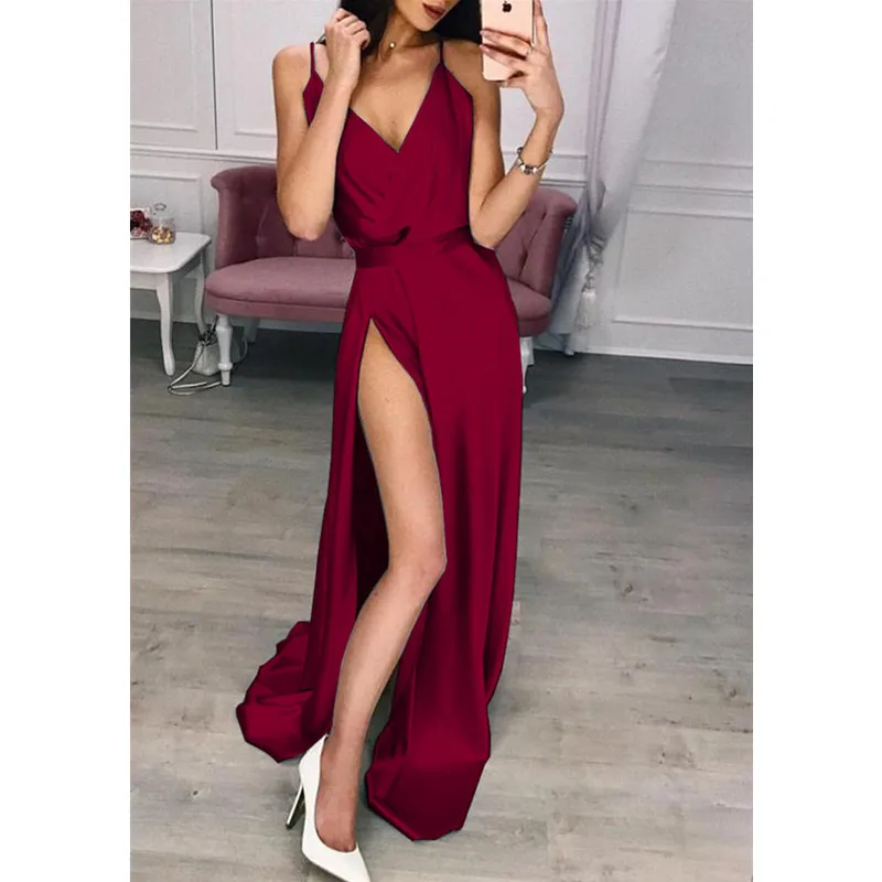 

Classic V-neck Sexy Slit Satin Dress Spaghetti Strap Silk Ladies Evening Party Dresses Split High Waist Elegant Club Dress F3