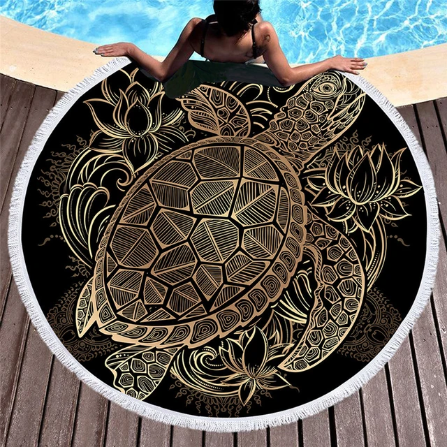 Turtles Microfiber Round Beach Towel With Macrame Luxury Black 150cm Large Round Beach Towel for Adults Beach Microfiber Towel