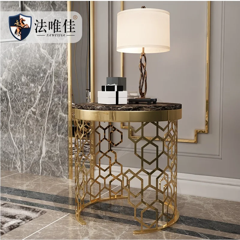 Small Coffee Table with Golden Painted Metal Stand and Marble Top