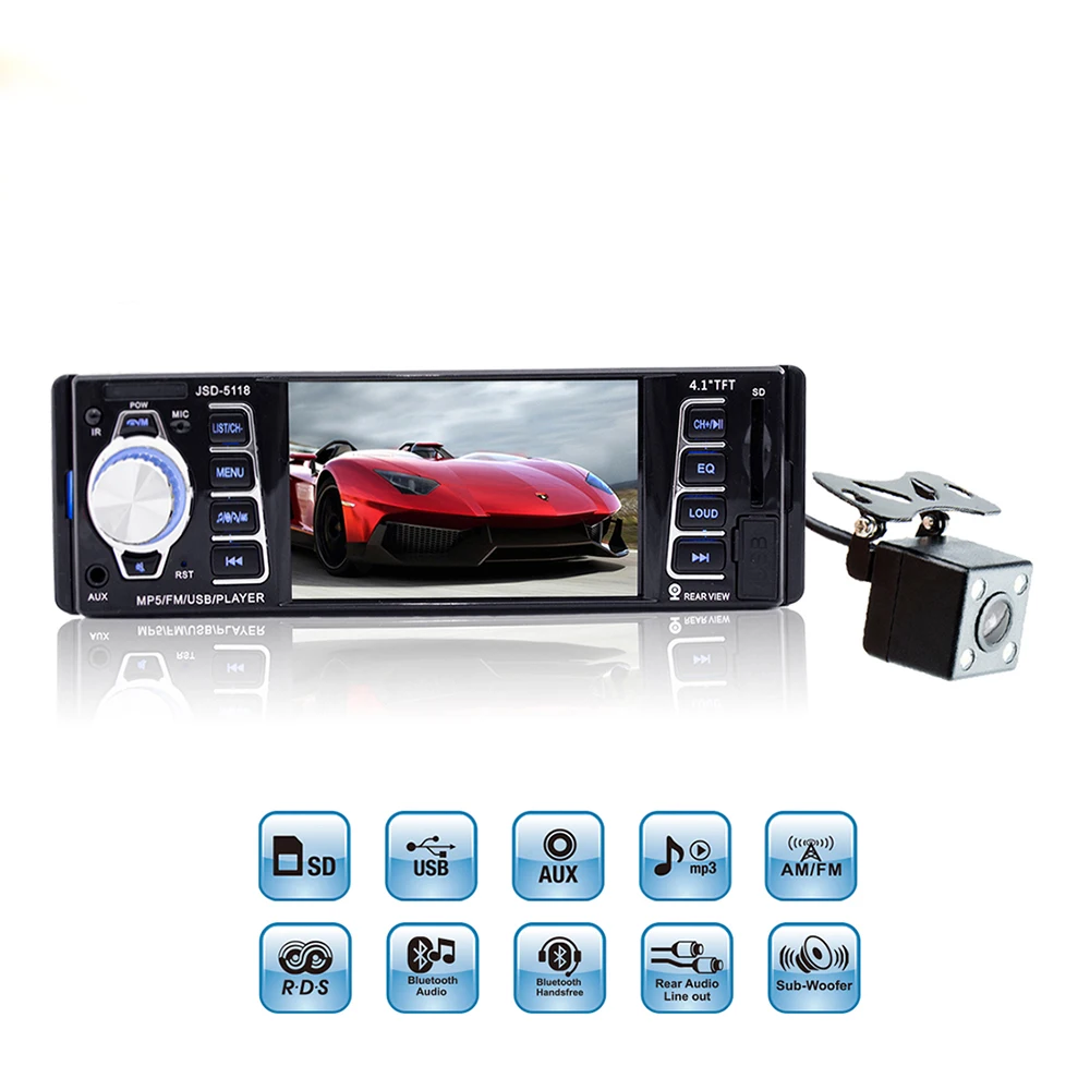 

Viecar 1 Din Car MP5 Playe r4.1"HD Screen Display Auto Audio Video FM USB SD AUX Ports Support Rear View Camera