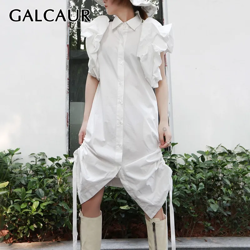 

GALCAUR Elegant White Women Dress Lapel Off Shoulder Oversized Ruffles Drawstring Midi Dresses Female Fashion 2019 Summer New