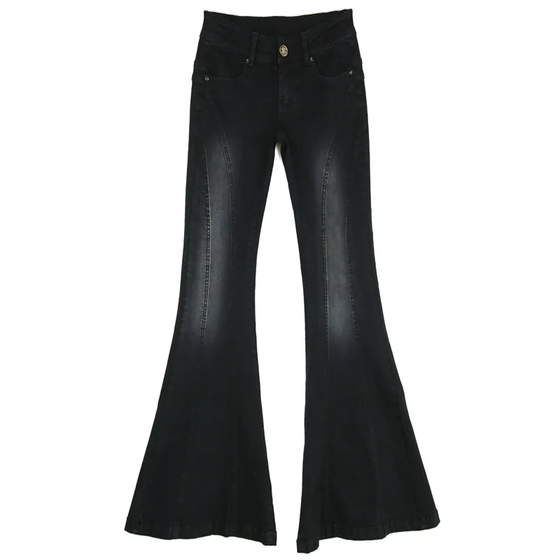 Женские эластичные черные расклешенные джинсы для девочек, винтажные Женские джинсовые штаны 053003