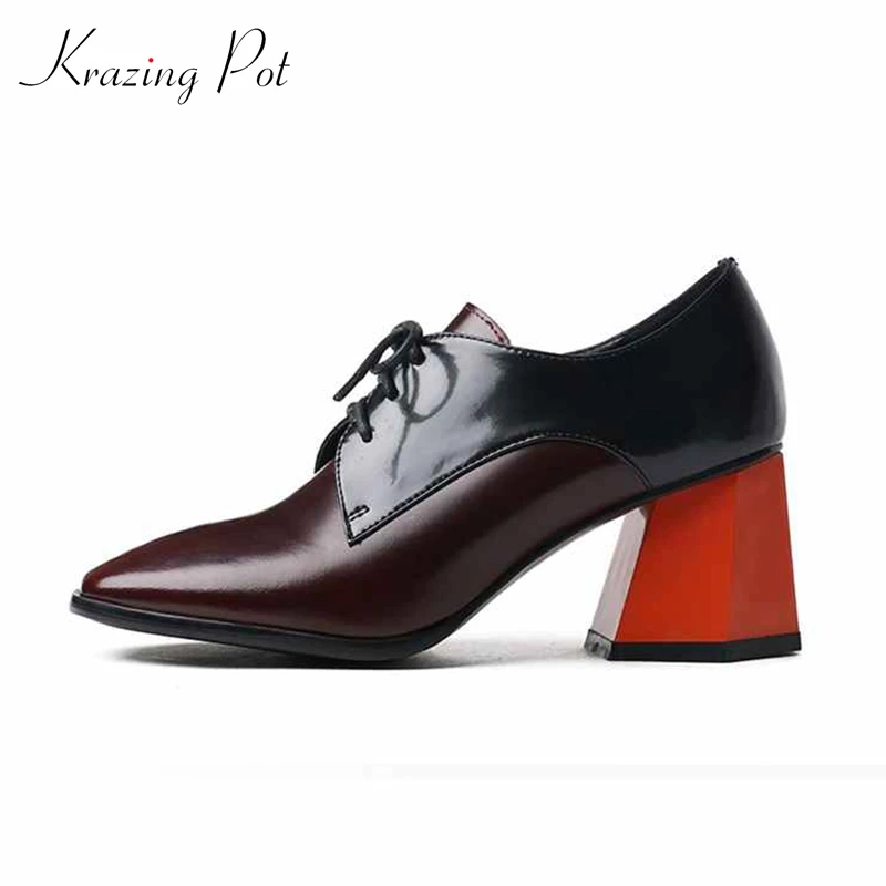 

krazing Pot 2018 cow leather Korean version office lady square toe high heels lace up square toe Spring Autumn women pumps L25