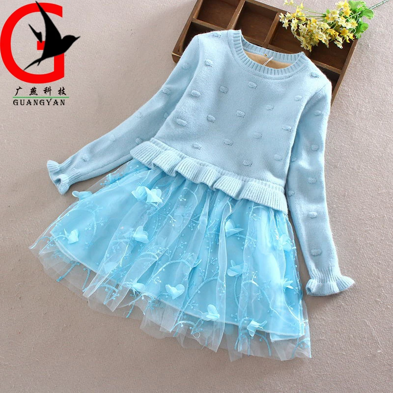 2017 Plus velvet thickening knitted kids Dress girl Tutu Dresses Girl