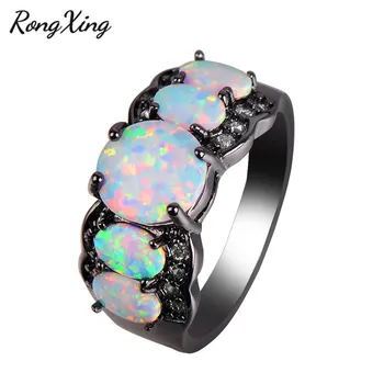 

RongXing Unique Oval White Fire Opal Rings For Women Vintage Black Gold Filled Birthstone Ring Christmas Jewelry Gifts RB1403