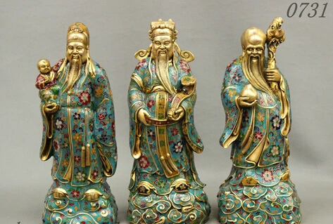 

xd 002970 14 China Bronze Cloisonne Enamel 3 Longevity God Fu Lu Shou Life Kid RuYi Statue
