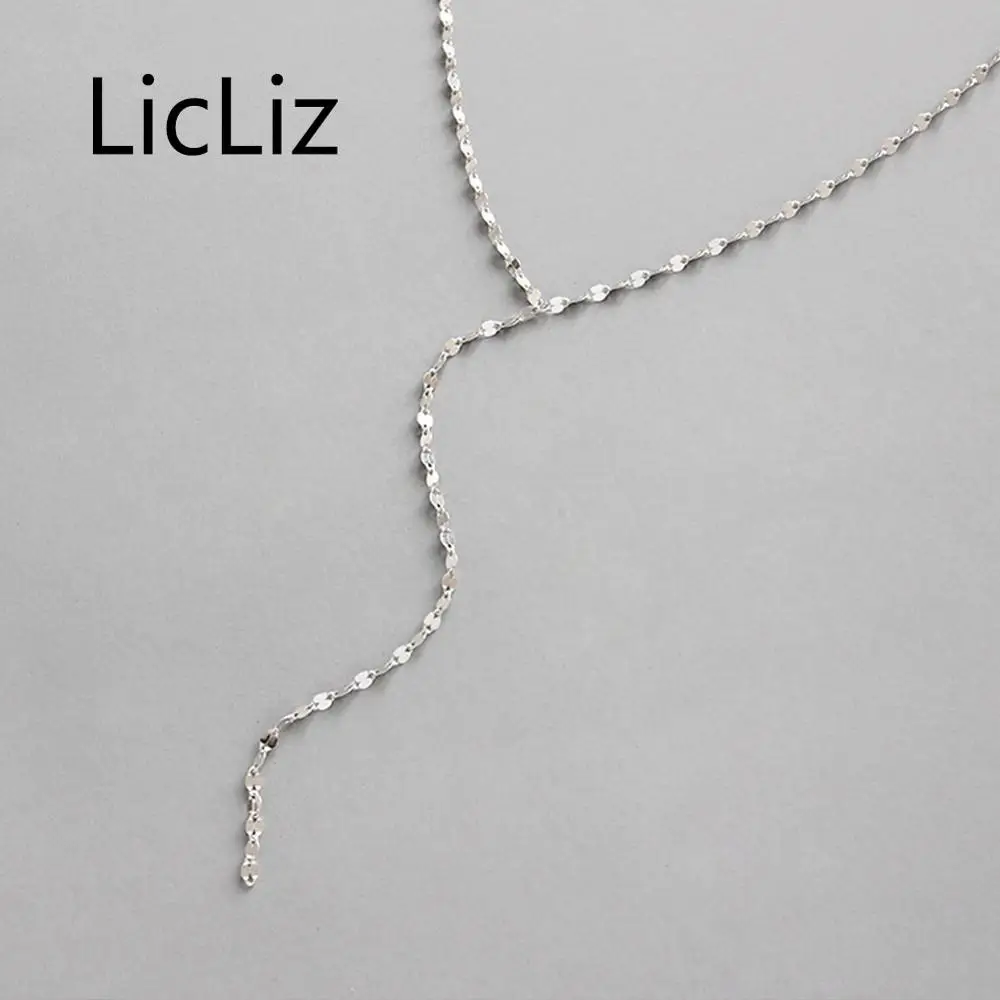 

LicLiz New 925 Sterling Silver Simple Chain Pendant Necklace for Women White Gold Tiles Link Chain Pendants Long Chain LN0437