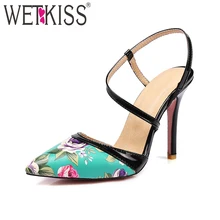 Wetkiss/2018 Новые женские сандалии Цветочный принт Лето Туфли под платье женские тонкий каблук обувь женской обуви вечерние большой Размеры