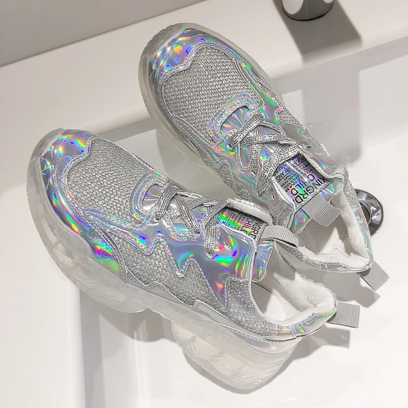 

Spring wild muffin bottom crystal with waterproof platform sequins laser mesh breathable old shoes casual shoes women