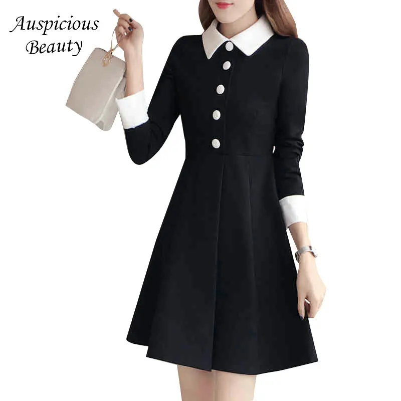 Fashion Spring Women's Elegant Casual Black Dress White Peter pan ...