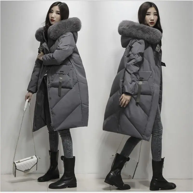 

2019 New Winter Women White Duck Down Jacket Loose Down Long Coats Ladies Large Real Fur Collar Hooded Warm Thicken Parkas C133