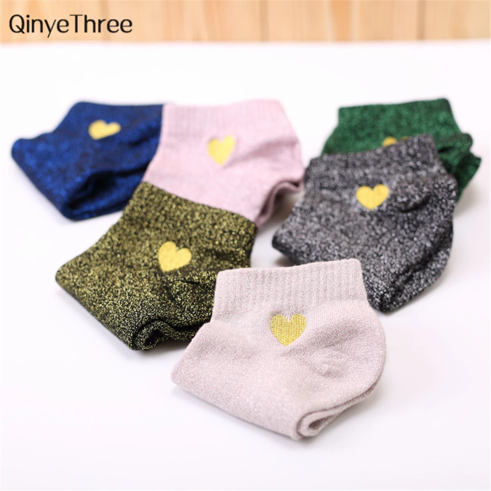 

Women Embroidery Love Heart Glitter Socks Fashion Funny Gold Silver Silk Colorful Shining Sox Shiny Calcetines Mujer Drop ship