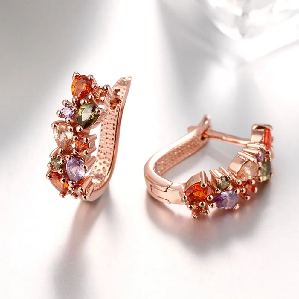 Rose gold color Female hoop Earrings with Multicolor AAA Zircon Stone