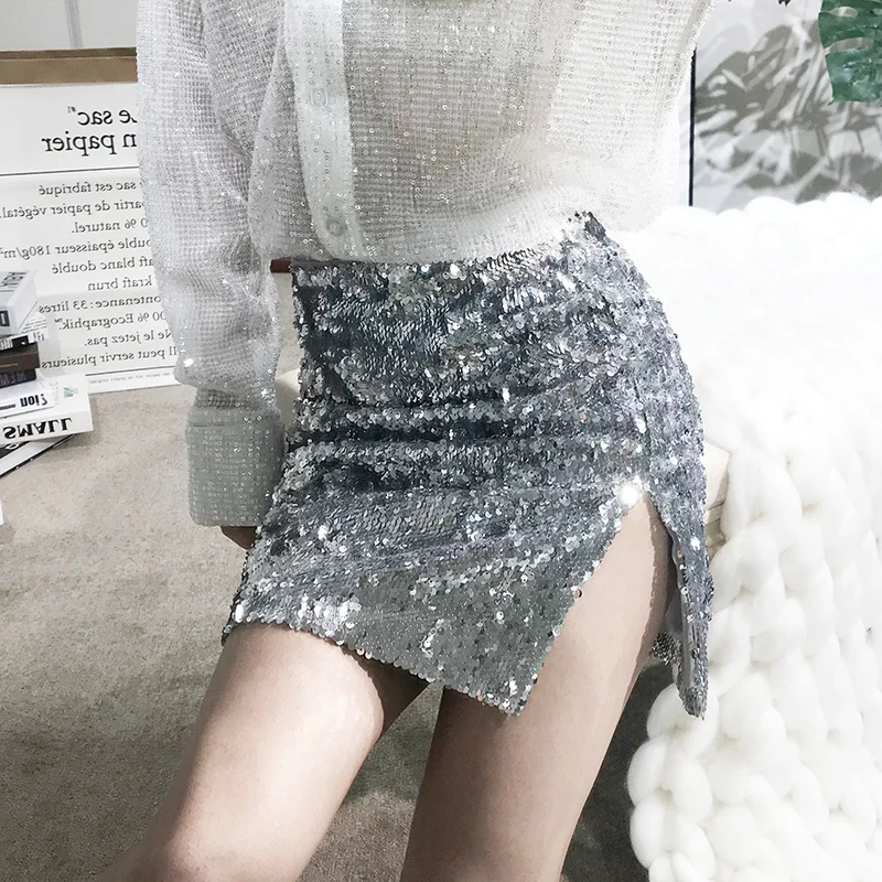 Zisilao, сексуальная блестящая мини-юбка с блестками, Женская облегающая юбка-карандаш, высокая уличная одежда для вечеринок, высокая талия, с разрезом сбоку, однотонная, тонкая