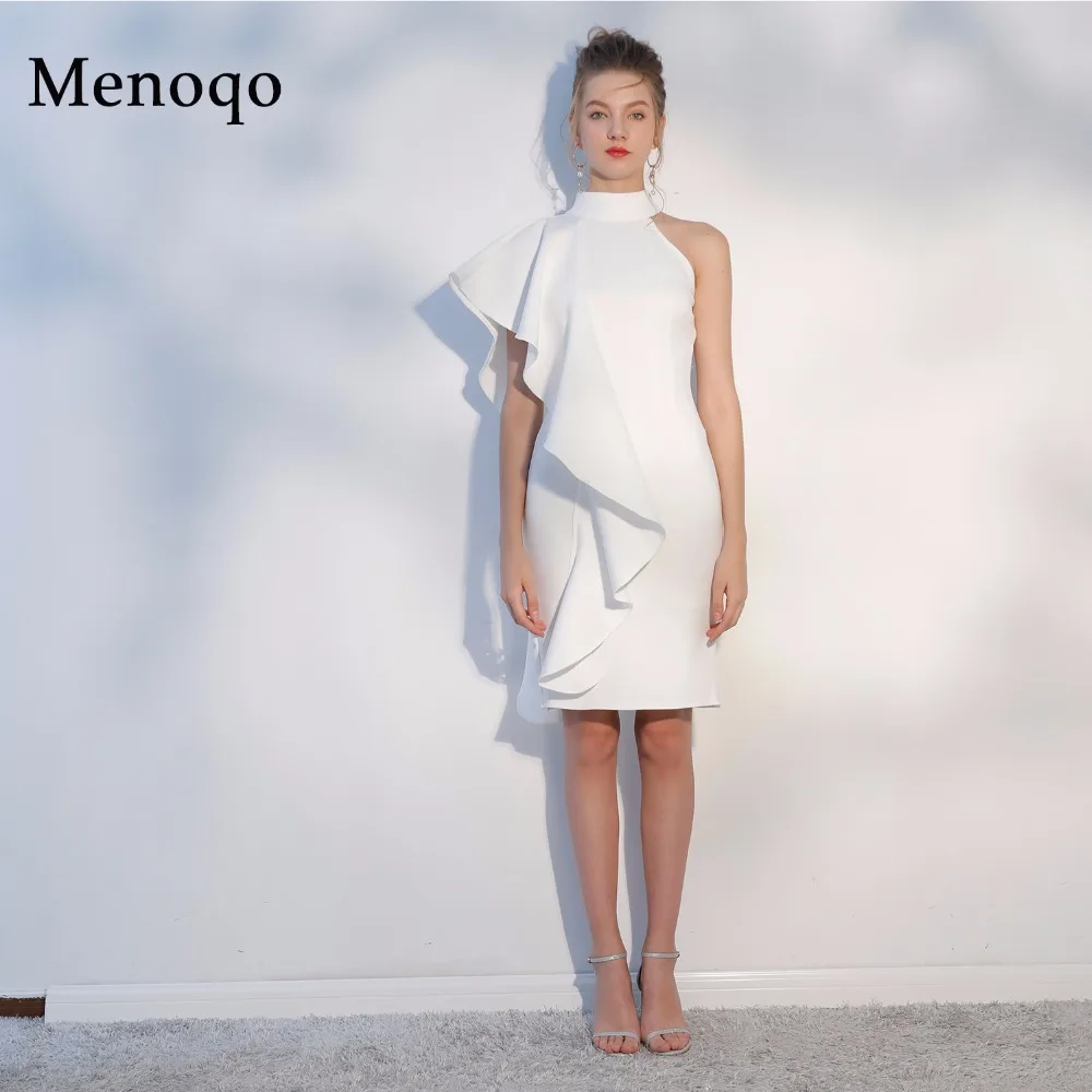 

Menoqo White Short Cocktail Dresses 2019 Sexy High Neck Knee Length Women Prom Dress Sheath Bodycon Formal Party Dresses