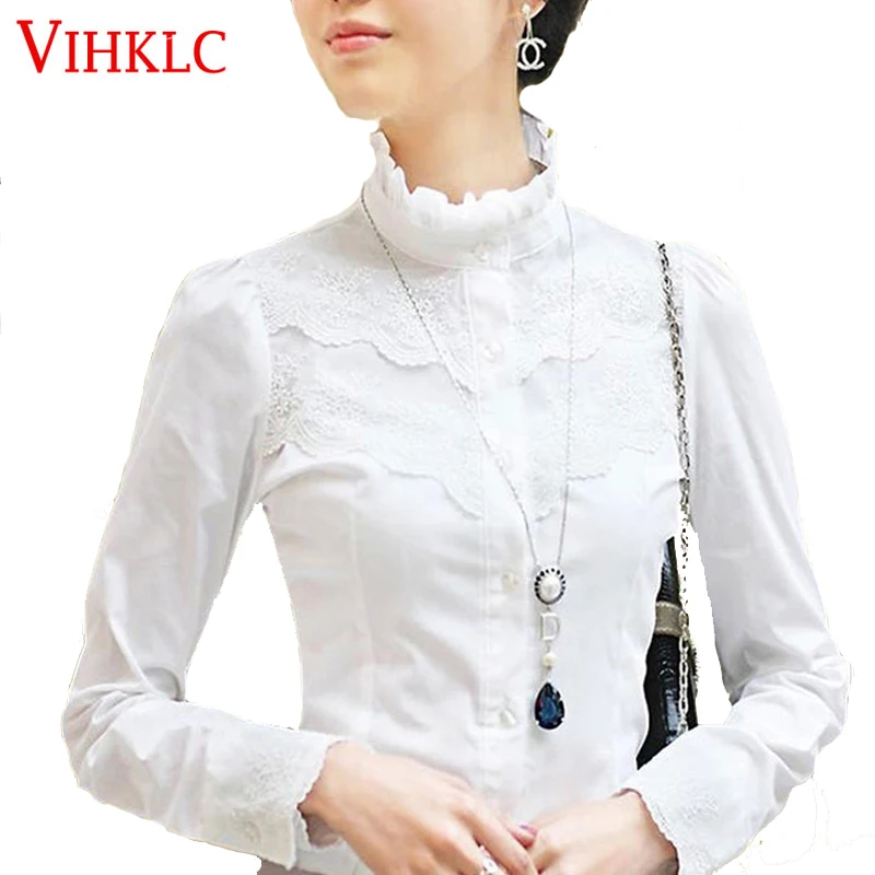 

2016 Fashion Women White Victorian Top Ladies OL Office Fitted Casual Sheer Shirt Sping Lace Blouse Plus Size S-XXL L882