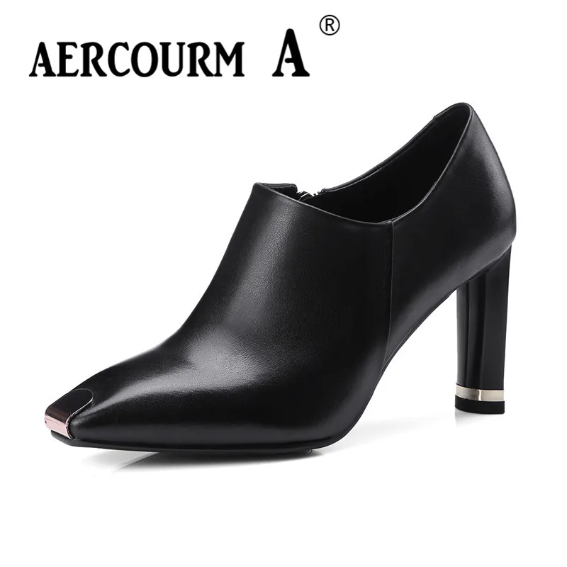 

Aercourm A 2018 Lady Spring Pumps Genuine Leather Metal Shoes Pumps Cowhide Shoes Square Women High Heel 8.5 CM Shoes MLD195-1