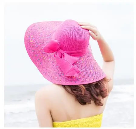 Hesroicy Sun Hat Large Brim Breathable Folding Comfortable Packable Sun  Protection Ruffle Edge Bow Ribbon Faux Pearl Decor Summer Beach Straw Hat  for Women 