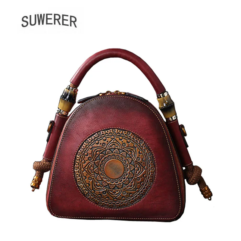 

SUWERER 2019 New Genuine Leather women bags Retro embossing Cowhide luxury leather shoulder bag women famous brands Shell bag
