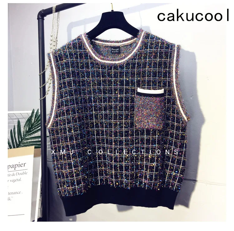 

Cakucool Women Preppy Plaids Knit Vest O-neck Colorful Lurex Spring Sleeveless Sweater Bling Loose Casual Pullover Vests Lady