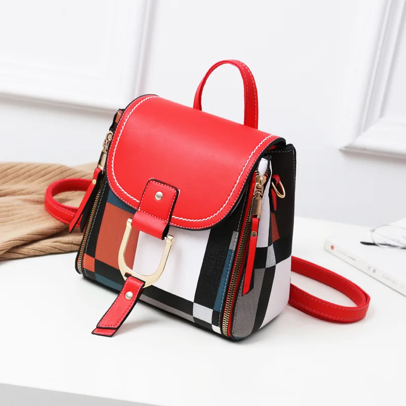 Multifunctional Colorful Plaid Women Bags Backpacks Fashion Brand Retro Leather Lady Backpack Small Shoulder Bag For Young Girl