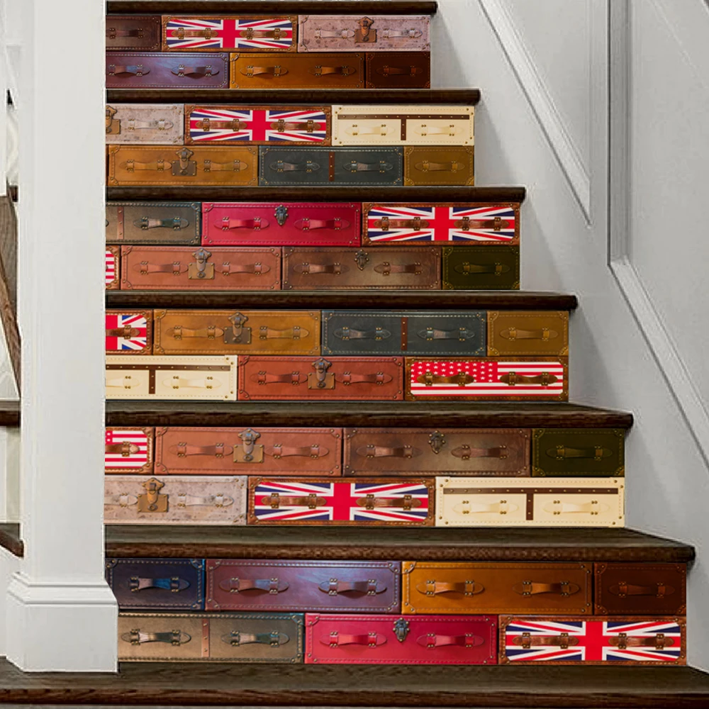 

6pcs Retro British Suitcase European Style 3D Stair Stick Self Adhesive Waterproof PVC Tile Decals Livingroom Home Decoration