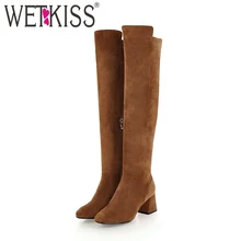 WETKISS/Новинка; женские сапоги на высоком каблуке; обувь из плотного плюша на молнии с круглым носком; флоковые Женские Сапоги выше колена; женская обувь; коллекция года; сезон зима