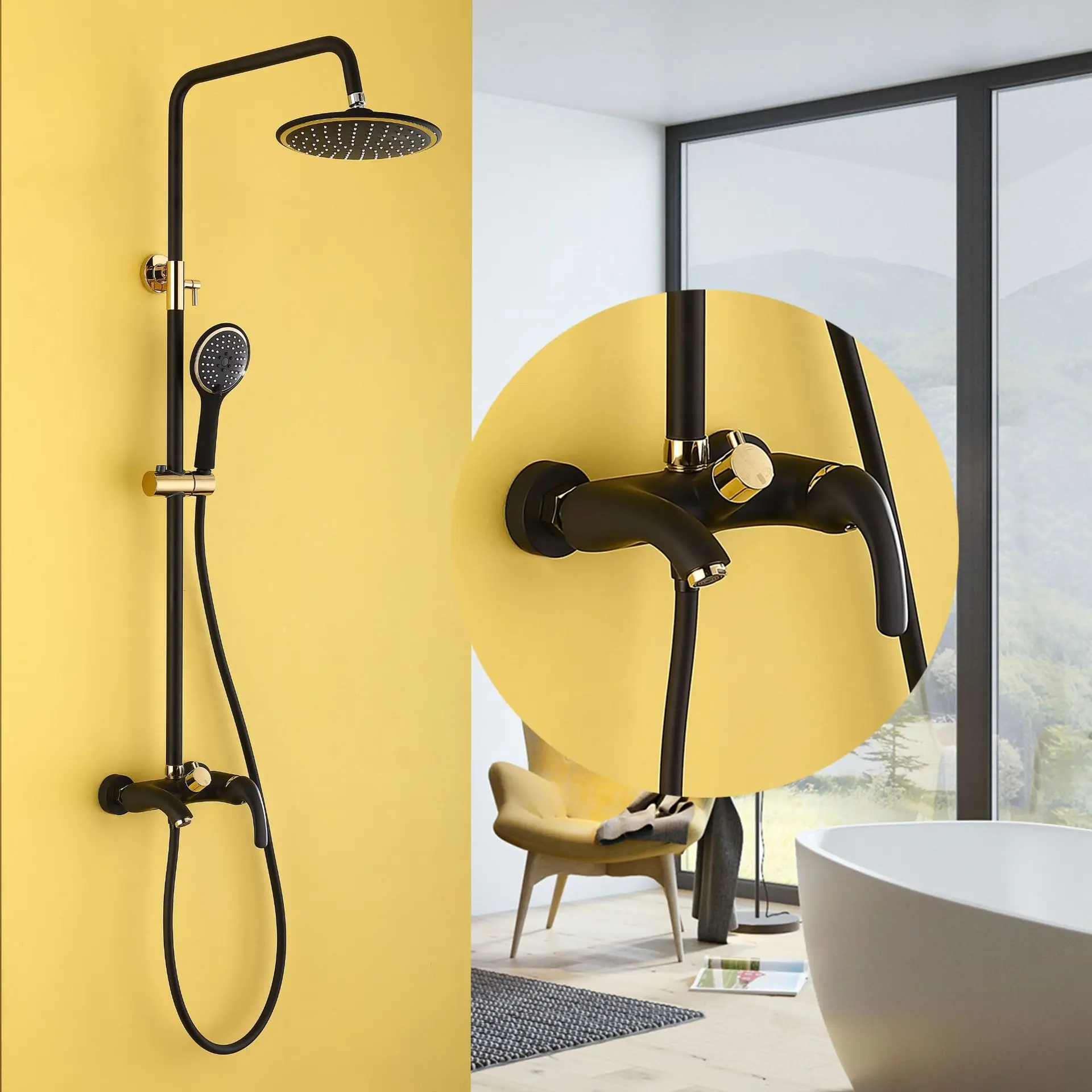 

2018 new full copper baked black paint shower faucet set Three functional areas leading cold and hot mixer water shower tap