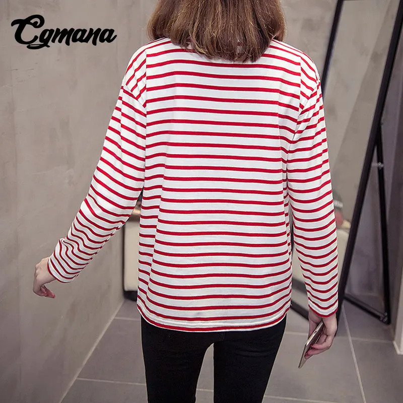 CGmana T-shirt Female 2018 New Women Autumn Korean Casual Loose Striped T Shirts Harajuku Cotton Long Sleeve Tops Tees Plus Size Tops