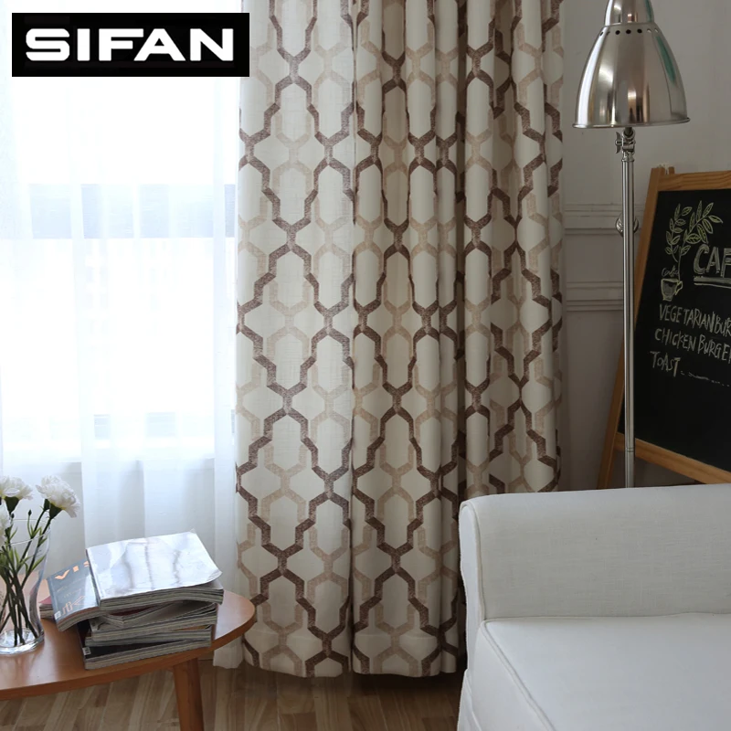 Japan Style Geometric Pattern Printed Linen Curtains For Bedroom