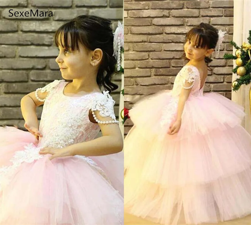 

pink baby girl cupcake gown girl birthday dresses tired soft tulle with lace pearls junior birthday party dancing gown size2-14y