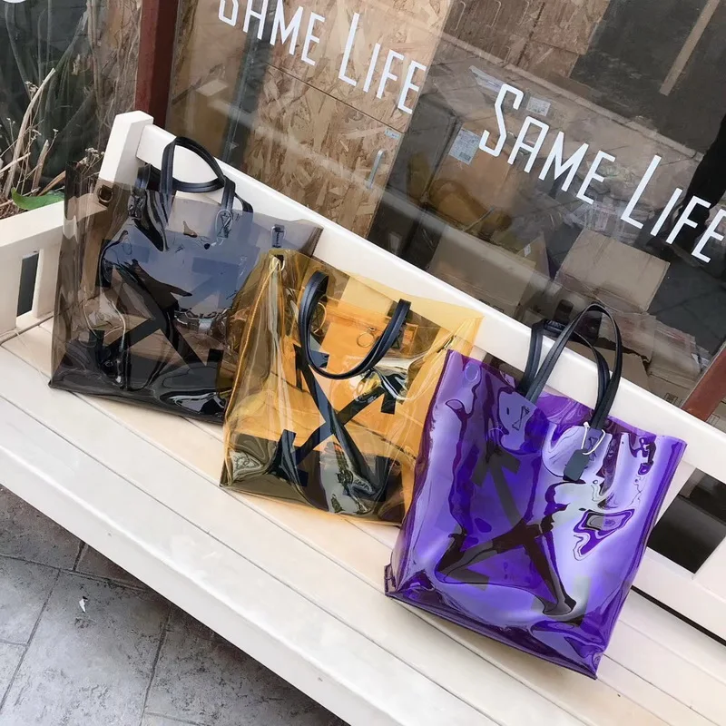 

OFF Brand White arrow Logo Printing Transparent Jelly Clear Bag Large Tote Bag Summer Beach Bag Large Capacity Candy Holiday