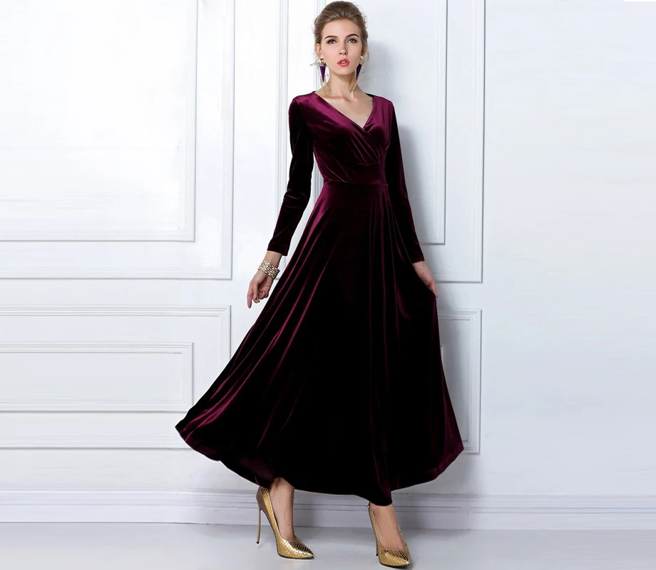 Autunno Inverno Velluto Maxi Abiti Lunghi Elegante Scollo A V Manica Lunga  del Vestito Delle Donne Donne Abiti Verde Nero Più Il Formato  xxxlP40|vestidos plus|velvet maxi dresssleeve dress - AliExpress