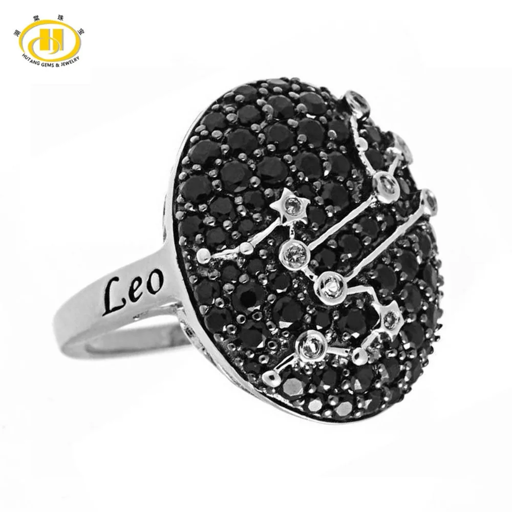 

Hutang New Leo Zodiac Natural Black Spinel & White Topaz Ring Solid 925 Sterling Silver Fine Jewelry Women's Birthday Ring Gift