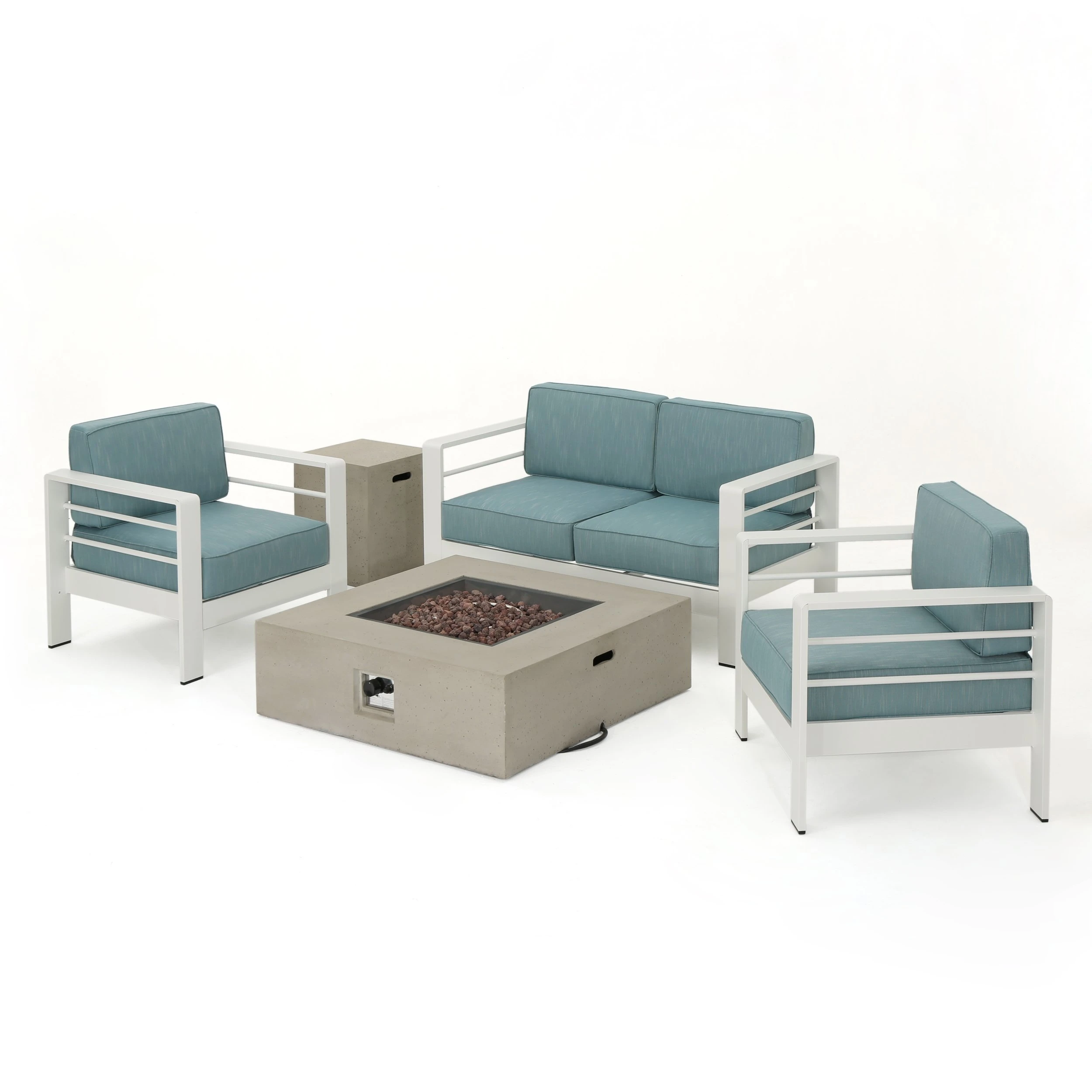 Crested Bay Outdoor 5 Piece White Aluminum Chat Set with Teal Water Resistant Cushions and Square Fire Pit