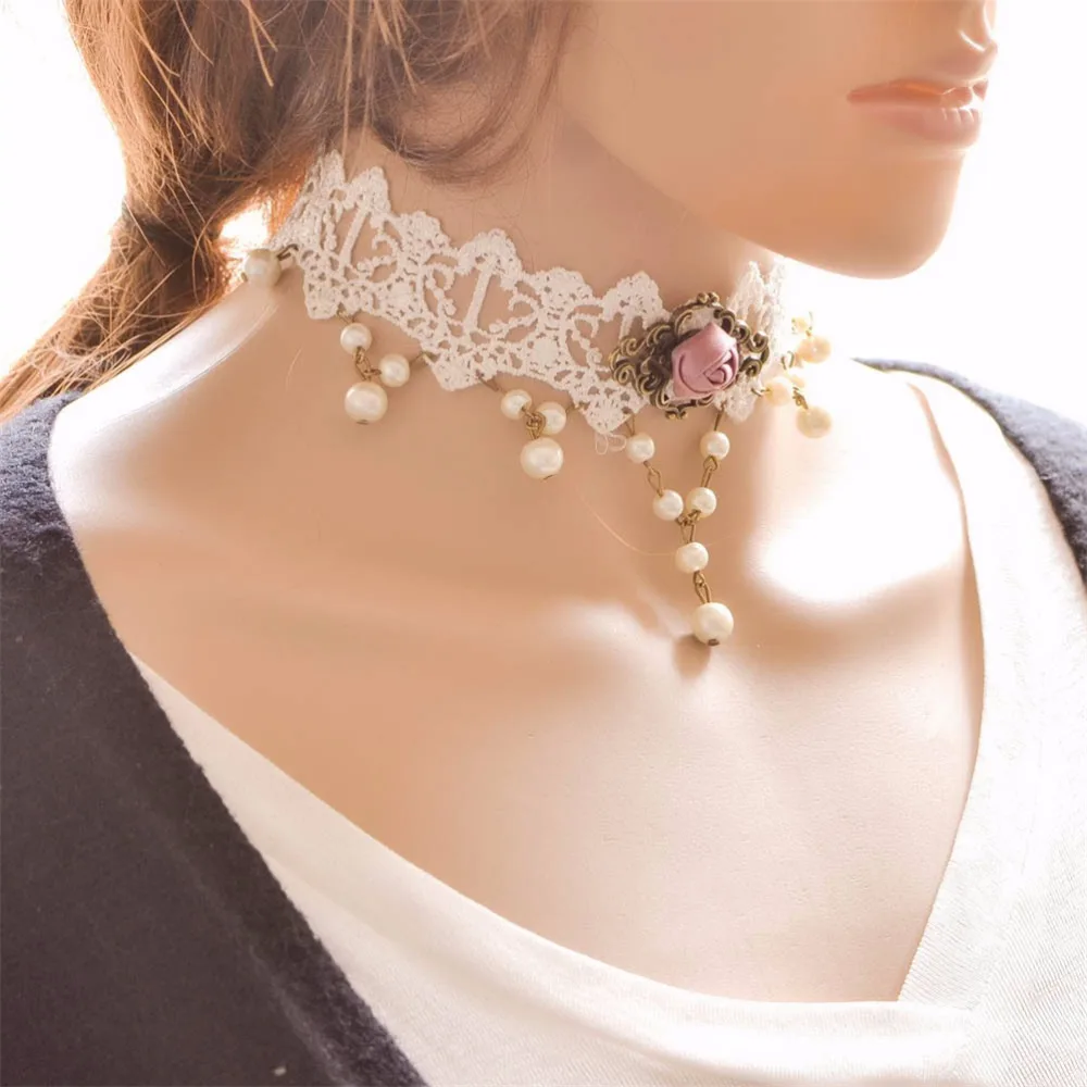 Girls Necklaces Lace Faux Pearl Beads Choker Collar Statement Pendant