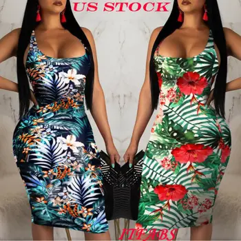 

US Womens Ladies Sleeveless Blackless Summer Boho Printed Beach Casual Loose Sundress