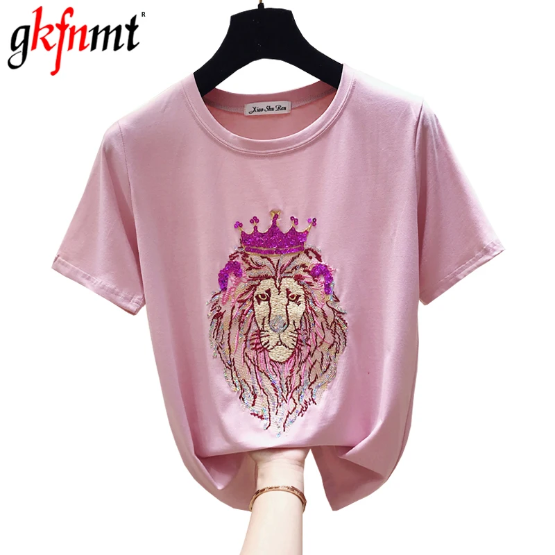 

gkfnmt White T shirt Women Cotton Summer Tops Female T-shirt Short Sleeve Embroidery Vintage Pink Sequin Tee Shirt Femme 2019