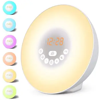

Wake Up Light Alarm Clock Sunrise/Sunset Simulation Digital Clock with FM Radio 7 Colors Light Sounds Function Touch Control