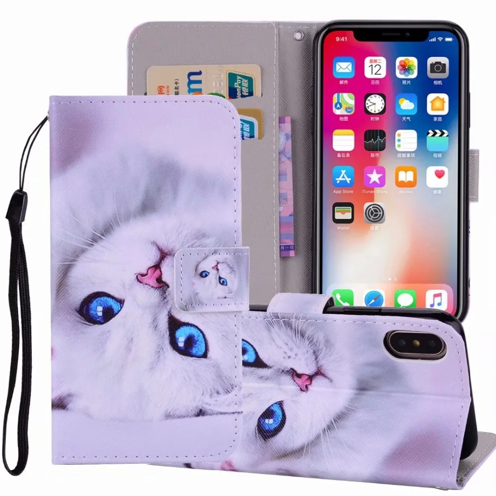 

Coloured draw Cute cat flip Leather Wallet phone Case cover for iphone 5 5S SE 6 6S 7 8 plus XS MAX X XR XS phone case