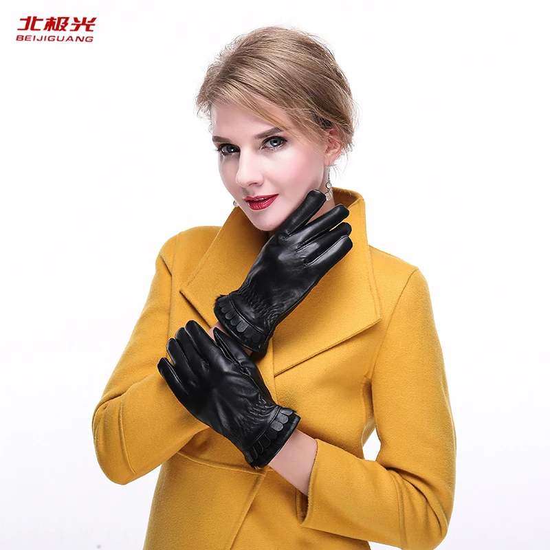 Genuine Leather Gloves Women Winter Fall Lace Clip Fluffy Decoration