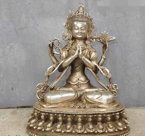 

huij 948 Tibet Buddhism White bronze Silver Four Armed Kwan-Yin Buddha Statue