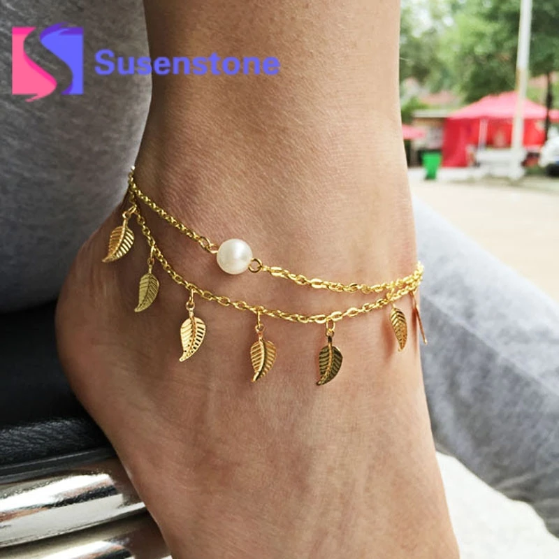 1pc Fashion Gold Double Chain Leaf Tassels Anklet Ankle Bracelet Sexy