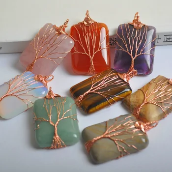 

Tree of Life Wire Wrap 53x31x8MM Rectangle Handmade Natural Stone Opal Tiger's Eye Crystal Aventurine Necklace Pendant 1Pcs