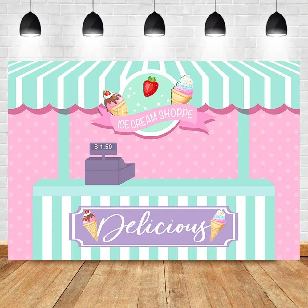 

Ice Cream Store Backdrop Baby Shower Cake Sweets Shoppe Photography Backdrop Strawberry Girl Birthday Party Photo Background