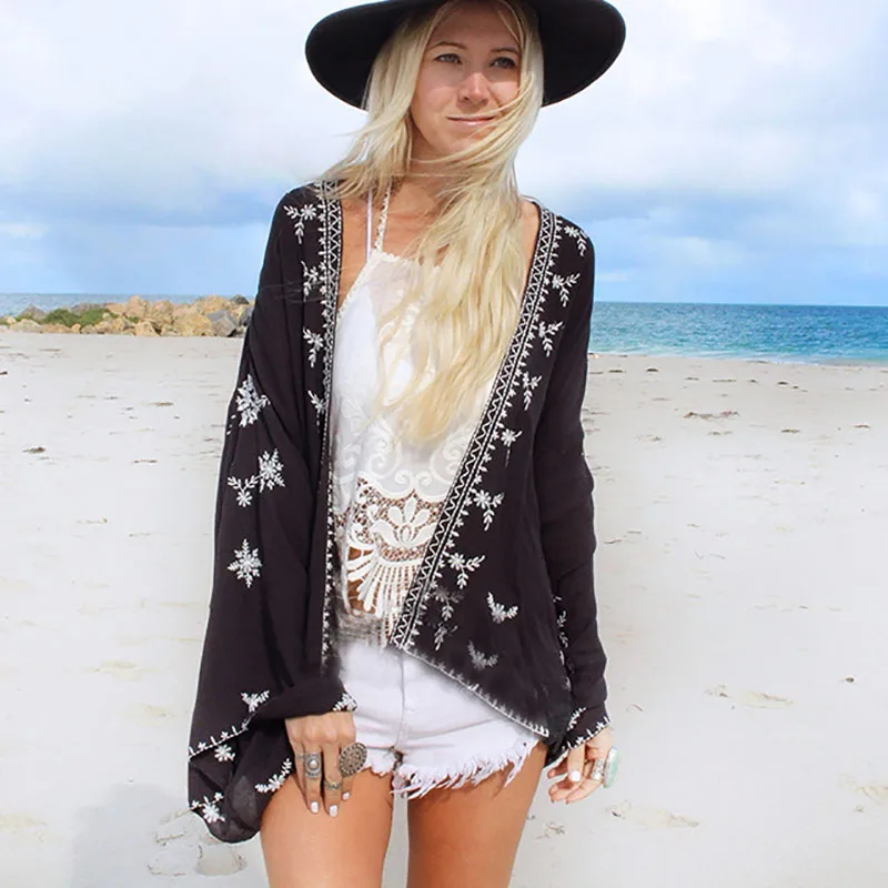

Women Beach Cover Up Top Jacket Long Sleeve Slim Casual Open Stitch Vintage Floral Embroidery Women Beach Shirt Coat Boho