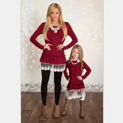 Мама и я модные платья MVUPP мать и дочка платья кружева лоскутное однотонные красные с длинными рукавами Семейные комплекты туники