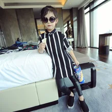 2-7Y, 2016 new autumn girls vertical stripe blouse children black and white shirt middle long style kids shirt baby basic blouse